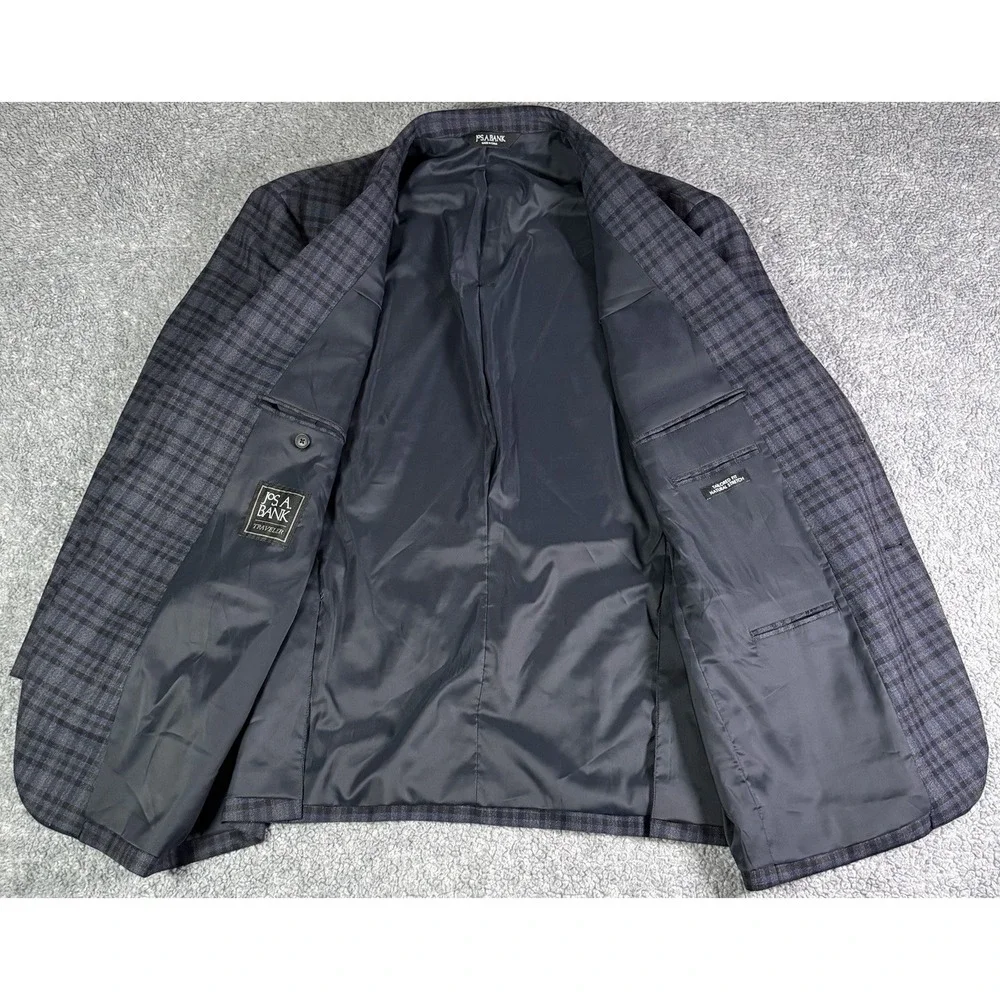 Jos. A. Bank Traveler Tailored Fit Stretch Blue Plaid Wool Jacket Blazer 48R